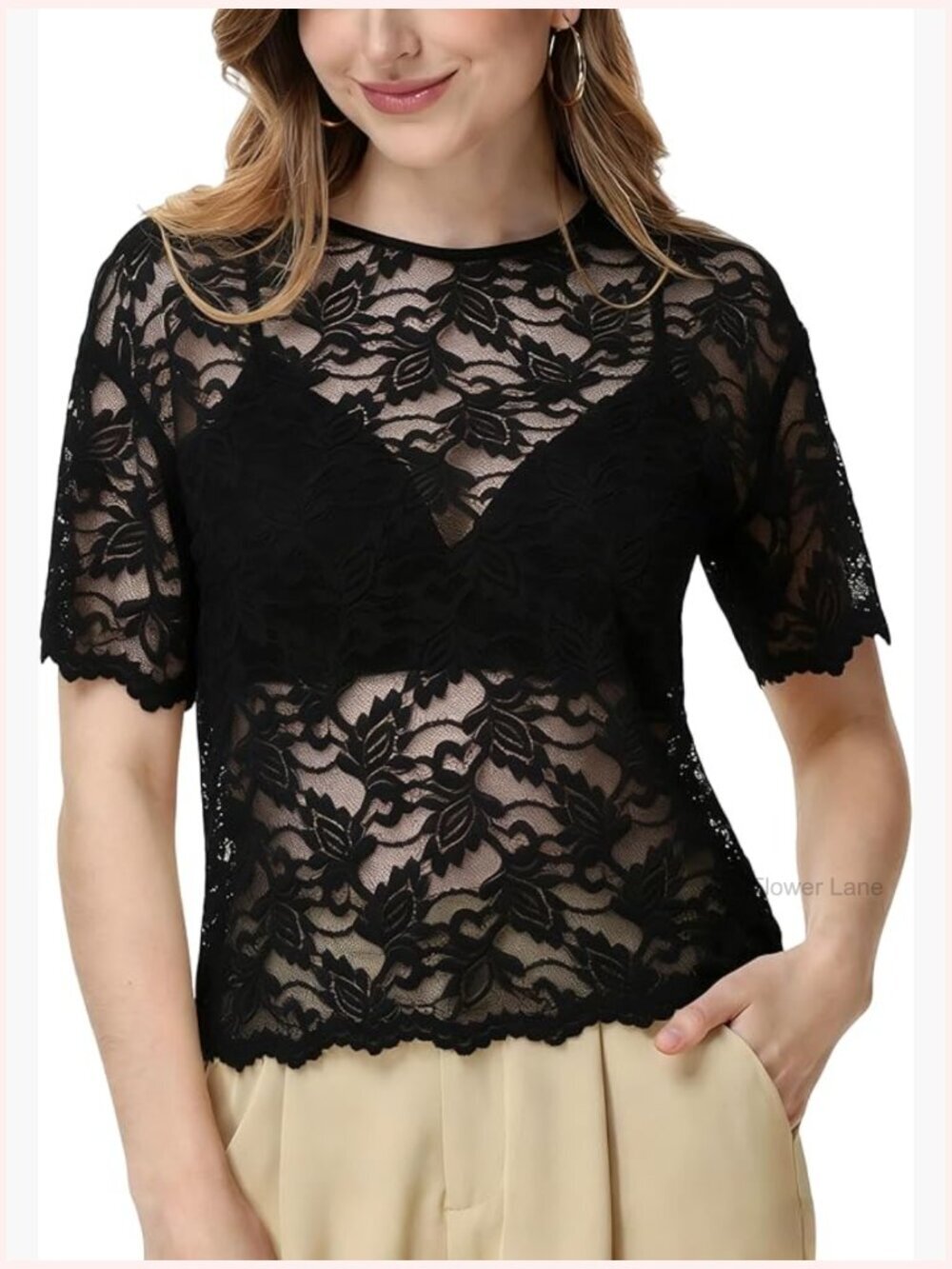 Lace Mesh Tee Floral Sheer Blouse Short Sleeve Crew Neck Crop Top